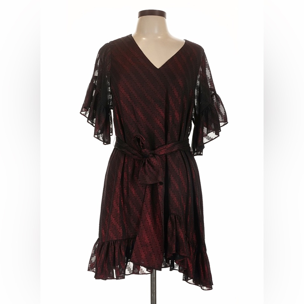 All Saints Burgundy & Black V-Neck Midi Dress with Tie Waist